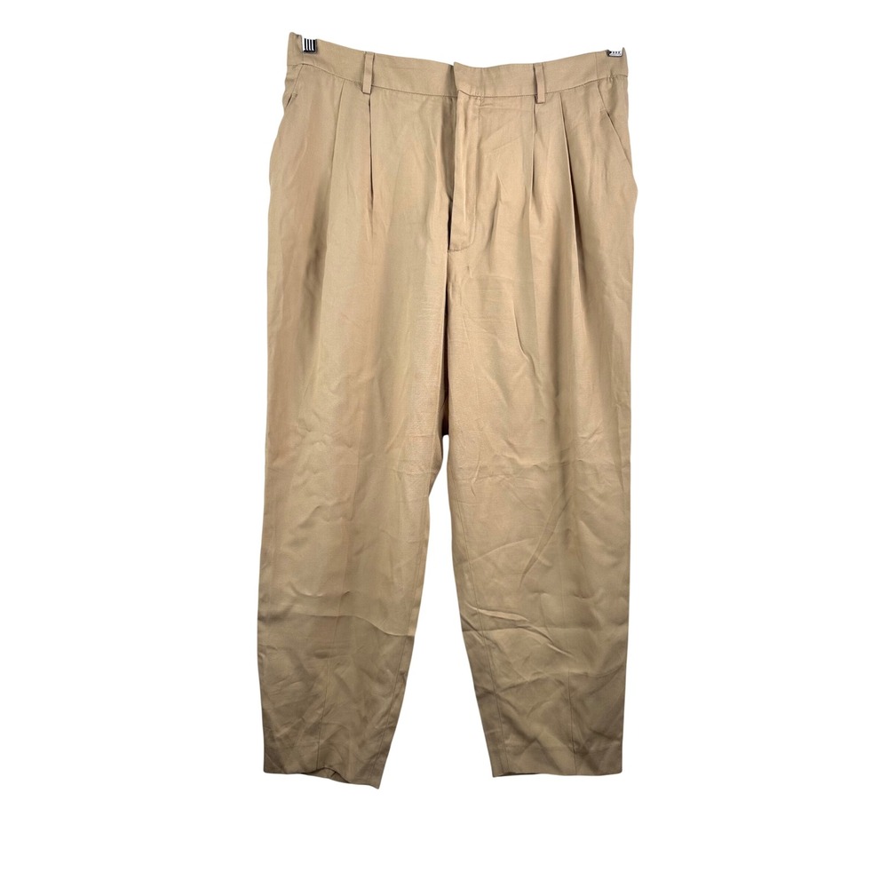 Zara‎ Pleated Trousers sz XL Tan Lyocell Tapered High Rise 90s career